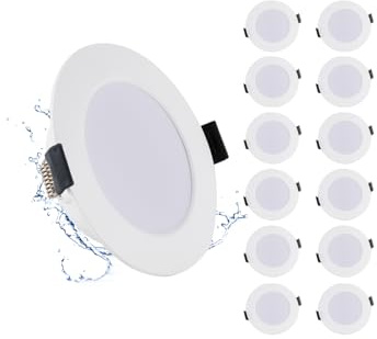 Grebeam 12 * 5W LED infällda spotlights 230V Flat, badrumsspot IP65, 450LM, varmvit 3000K, håldiameter Ø75-90mm, LED takspotlights för kök, vardagsrum, sovrum
