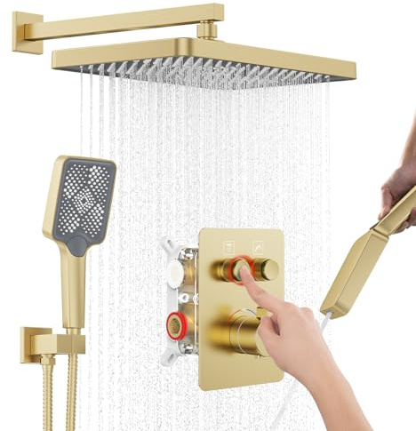 Thermostatic Shower System 13-Inch Rainfall Shower Head - 3 Setting Handheld Sprayer, Complete Bathroom Set with Faucet Mixer Trim Kit & Valve Brushed Gold
