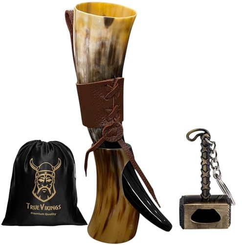 TRUE VIKING Drinking Horn - 10-12 Inch Viking Gifts for Men & Women | With Thor Bottle Opener & Stand | 100% Handmade & Real Ox Horns | Norse Viking Cup Perfect For Beer, Ale, Mead, Whiskey (12 Oz)