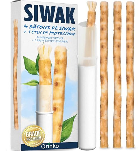 ORINKO Set di 4 bastoncini di Siwak + custodia protettiva – Spazzolino da denti 100% naturale – detergente, disinfettante e sbiancante, ecologico, biodegradabile e vegano – Ebook in omaggio