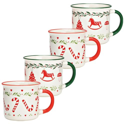 Set di 4 tazze di Natale in porcellana con bastoncini di zucchero, 350 ml, con motivi festivi in rosso e verde, 13 x 9 cm, tazze ideali per caffè, tè o vin brulé, lavabili in lavastoviglie