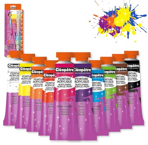 CLEOPATRE – Lot de 10 Tubes de Peinture Acrylique 10ml - Couleurs Vives et Brillantes, Tous Support – Fournitures Scolaires Loisirs Créatifs Enfant Adulte