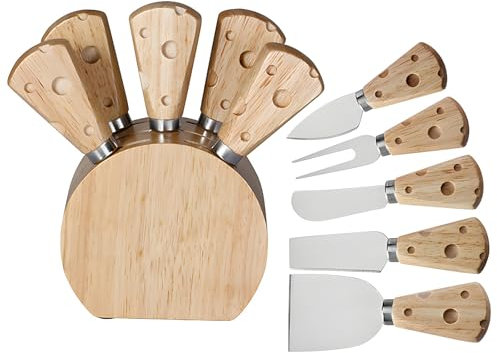 yekulanyue Cheese Knife Set with Wooden Stand, 5pcs Stainless Steel Knives, Wooden Handles with Swiss Cheese Design
