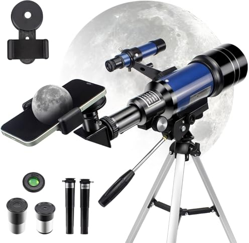 Telescope for Kids, 150X Magnification HD Astronomical Telescope, 70mm Aperture Portable Astronomy Telescopes with Adjustable Tripod, Phone Adapter and Moon Filter for Stargazing Gift (Blue)
