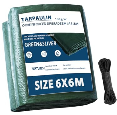 Dellna Waterproof Tarpaulin 6m x 6m-130 GSM, Ground Sheets with Aluminum Eyelets & Rope, Groundsheet Weatherproof & UV Protection for Camping, Outdoor Furniture, Pool, Car