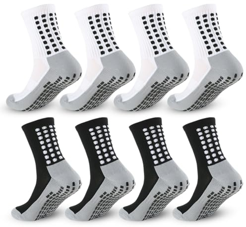 4 Paia Calzini grip calcio Calze Antiscivolo Calcio Football Socks Uomo Calzini Sportivi Uomo Donna Traspirante Calzini Grip Calcio per Ciclismo Trekking (Bianco + Nero 37-45)