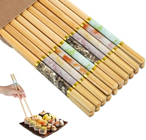 10 Pairs Wood Chopsticks Reusable, Bamboo Chopsticks 9.45 inches Chop Sticks Wooden Dishwasher Safe for Sushi Ramen Lovers Asian Kitchen Utensils