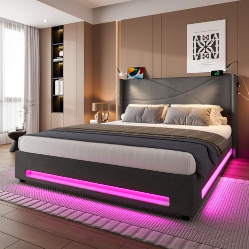 Ball & Cast Double Bed frame with Storage Headboard, Upholstered Bed Frame Kingsize with Charging Station and LED Lights/Under Bed Storage/No Box Spring Needed, 135×190 CM,Dark Gray