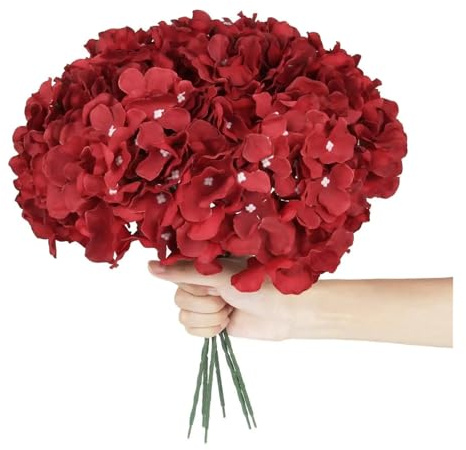AEJHSIN Konstgjorda hortensior 6 st konstgjorda blommor hortensia med stam, konstsilke för gör-det-själv blommig mittpunkt, hemfestdekorationer (röd)