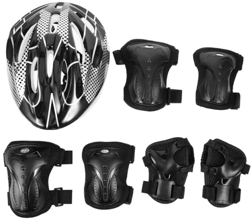 SKISUNO Set de Protections pour Patinage Adulte – Casque Noir, Coudières, Genouillères et Protège-mains en Plastique Souple et Coton, Équipement de Protection Complet pour Skate, Roller