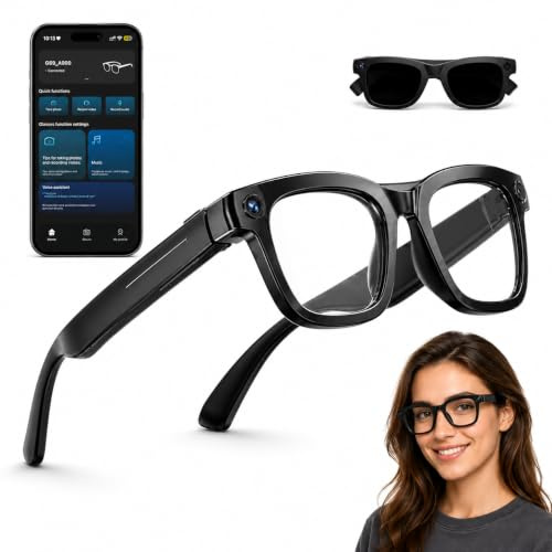 Gafas Inteligentes, Gafas con Camara 8MP, Vídeo, Traducción en Tiempo Real, Asistente de Voz AI, Reconocimiento AI, Llamadas y Música Smart Glasses, Gafas IA Lentes de Sol Intercambiables