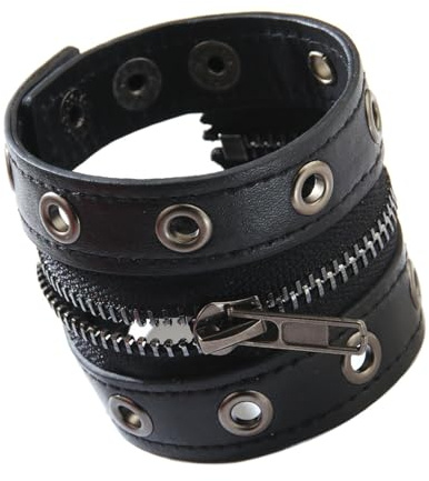 Buxuaaaa Förstärkt metallstängning punk manschett justerbar läder & kedjelänk för män kvinnor rock mode rock nit unisex, Svart, one size