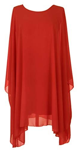 TEXTURE Ladies Womens Italian Lagenlook Batwing Sleeve Flowy Chiffon Kaftan Tunic Top Blouse Dress One Size Plus UK 14-22 (Red, One Size)