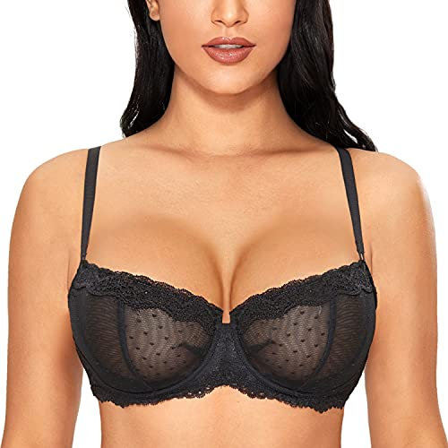 DOBREVA Women's Sexy Lace Balconette Bra Unlined Underwire Open Half Cup Bra See Through Sheer Black 38DD