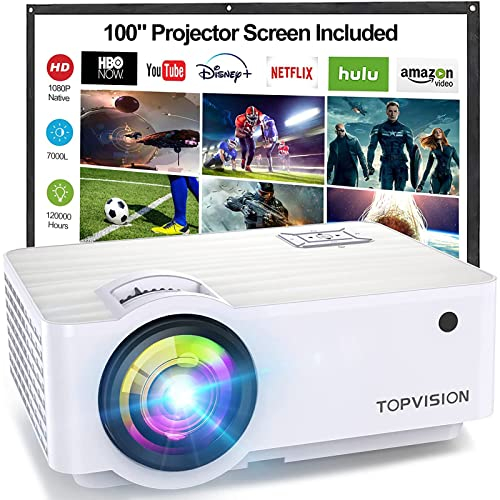 TOPVISION Mini Beamer, Native 720P Heimkino Beamer Unterstützt 1080P Full HD, 7000 Lumen Video Beamer mit 300'' Display, 120000 Stunden LCD Beamer Kompatibel mit HDMI/USB/SD/AV/VGA
