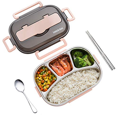 amropi Scatole Bento Lunch Box Acciaio Inossidabile Contenitori 2/3/4/5 Scomparto Dispensa con Bastoncini e Cucchiaio (Rosa, 4 Scomparto)