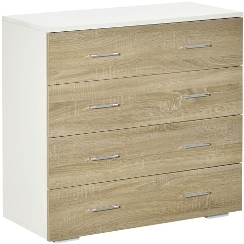 HOMCOM Cómoda 4 Cajones, Cómoda Dormitorio, Cajonera para Salón, Oficina, Pasillo, Estilo Moderno, 76x35x72 cm, Roble y Blanco