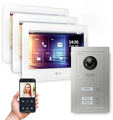 Goliath Hybrid | 2-Draht Bus | Full-HD Video Türsprechanlage | App | 3-Fam | 3 x Full-Touchscreen 7 | Aluminium Unterputz Türstation | 3 Klingel | 180° Ultra-Weitwinkel | AV-BUS-530