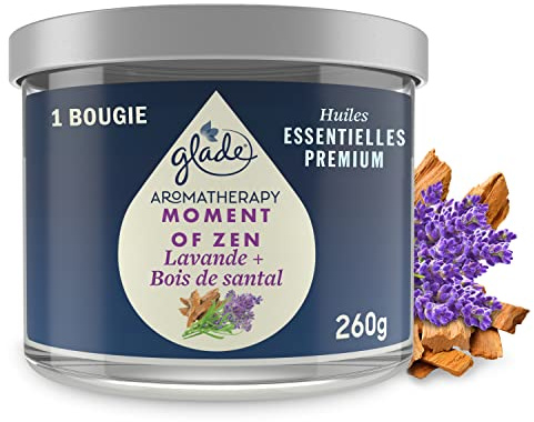 Glade Aromatherapy Bougie, Moment of Zen, Infusées Huiles Essentielles, Lavande & Bois de Santal - 1 Bougies,45 Heures de Parfum