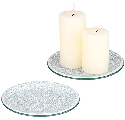 BSTKEY Set di 2 piatti decorativi in vetro mosaico, 15 cm, supporto rotondo per candele, portacandele a colonna, tealight Candle Mat Cup Plate Coaster (argento)