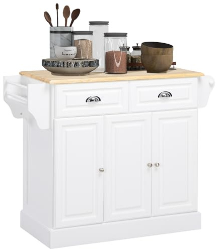 HOMCOM Isla de Cocina Carro de Cocina con Ruedas Carro Multiusos con 2 Cajones 3 Puertas Toallero y Estante para Especias para Comedor 110x45x91 cm Blanco