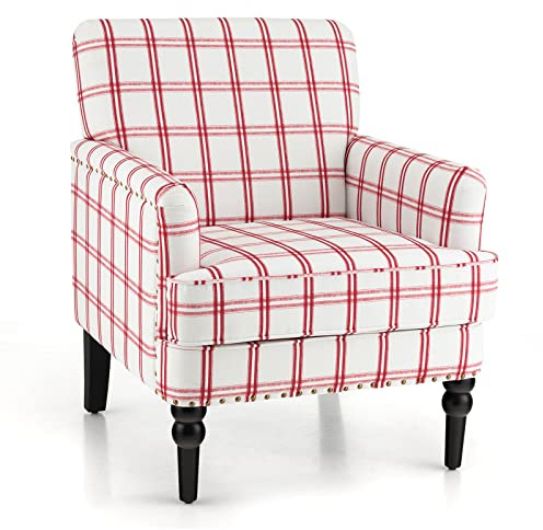 COSTWAY Accent Chair, Upholstered Single Sofa Chair Leisure Lounge Armchair with Nailhead Trim, Solid Rubber Wood Legs Comfy Occasional Tub Chair for Living Room, Bedroom and Office, Red Checkerboard