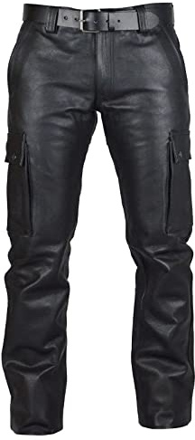 OBiQuzz Pantalon cargo en cuir pour homme - Pantalon de moto avec ceinture - Pantalon de loisirs avec poches multiples - Uni - Vintage - Pantalon de travail Steampunk - Noir, Noir , L