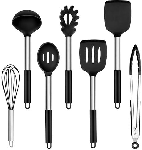 Homikit Set di 7 utensili da cucina in silicone con manico in acciaio inox, nero, antiaderente, resistenti al calore, non tossici, facili da pulire e lavabili in lavastoviglie