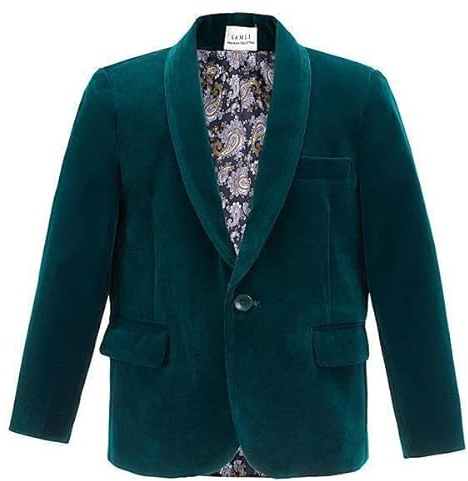 Boys Velvet Blazer Kid Suit Jacket Paisley Lining Smart Casual Formal Coat Teal, 13-14 Years