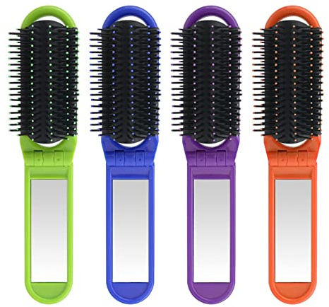 4pcs Folding Travel Hair Brush with Mirror - Compact, Collapsible, Massage Comb for Gym, Trip, Purse, Swimming (COLOUR: as shown)