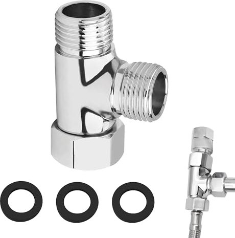 3 Way T Shape Adapter G1/2 Diverter Valve Brass T Adapter for Bidet Anti-Rust Shower Splitter Shower Diverter Valve Replacement with 3 Washers for Angle Valve Handheld Bidet Sprayer (Silver)