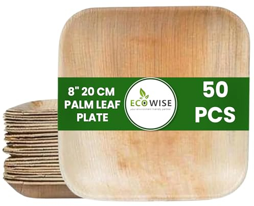 EcoWise 50 Palm Leaf Plates 8 Inch Square Eco-Friendly Biodegradable Compostable Bamboo Plates- Disposable Plates for Parties Picnic Perfect for Hot and Cold Food
