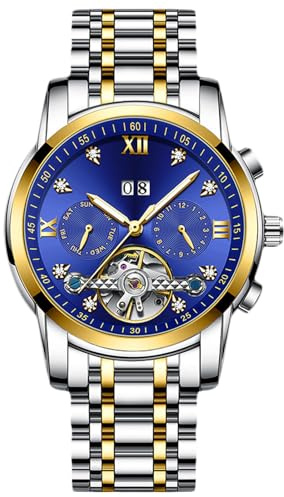 rorios Män mekaniska armbandsur Tourbillon automatisk klocka rostfritt stål skelett herrklockor eleganta diamantklockor för män, Silverblå B, L