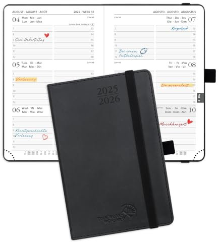 POPRUN Taschenkalender 2025 2026 Klein (Aug.2025-Dez.2026) Softcover mit PU-Leder, ca. A6 (16 x 10,5 cm), Terminplaner 2025 2026 Klein 1 Woche 2 Seite mit Stiftschlaufe - Schwarz