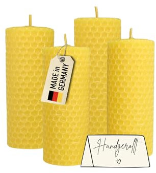 Candele a colonna Wachsmann Pasqua, set da 4, 100% cera d’api, arrotolate a mano, prodotte in Germania, candele di miele con 6 ore di combustione ciascuna
