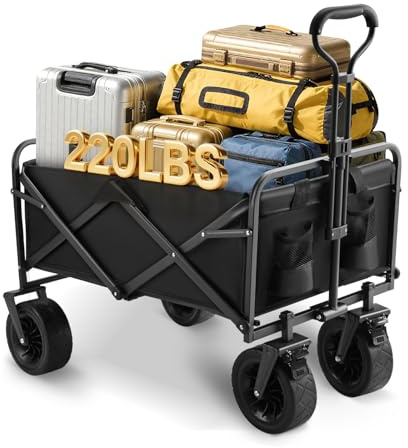 Carro Playa Plegable con portavasos, 100 l, 100 kg. Carro de Transporte, Carro de jardín, Carro para Playa, Uso al Aire Libre, Compras. Apto para Todo Tipo de terrenos, con Frenos.