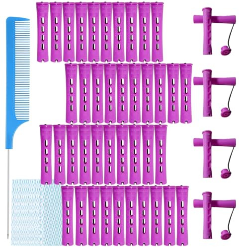 MOODKEY 48pcs Perm Rods, Plastic Hair Rollers Heatless Hair Curlers Set with 1pc Rat Tail Comb and 50pcs Curling Paper for Hairdressing Styling(purple,0.7in)