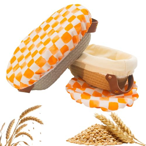 Cesta de Fermentación para Pan Juego de 2 Cesta antifalsificación de pan con pancarta de cuerda de algodón de 10 pulgadas hechas a mano, con forro y tapa de tela para fermentar y almacenar pan