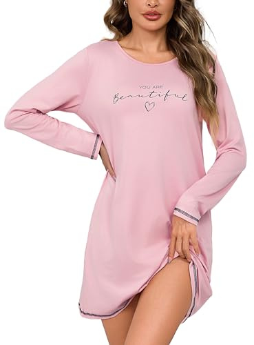 Bresdk Camicia Notte Donna Manica Lunga Cotone Abito da Notte Elegante con Stampa Pigiama Donna Invernale Girocollo Comodo Nightwear per Casa e Relax Rosa XXL