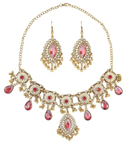 VLYX Set di Gioielli Tradizionali Indiani per Donna, Collana e Orecchini Jhumka, Stile Boho Etnico per Matrimoni, Feste e Occasioni Speciali (Rosso)