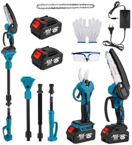 Juego de 4 en 1 con mini motosierra de 15 cm, podadora eléctrica de 40 mm, sierra de palo inalámbrica con poste telescópico de hasta 4,5 m de altura, 2 baterías de 2000 mAh y cargador