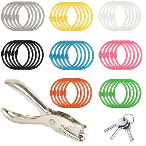 LUCTHY 40 Pcs Binder Rings with Hole Punch, 45mm Loose Leaf Book Rings | 40 metal snap closure binding rings, 8 colours. For flash cards, index cards, keyrings and crafts