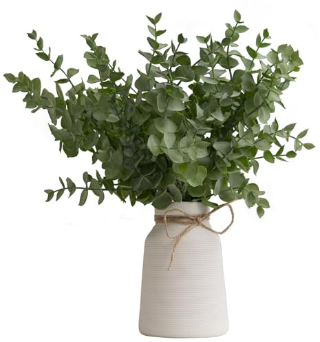 BACAMA Artificial Eucalyptus Stems in White Ribbed Texture Ceramic Vase,Realistic Greenery 14 Faux Plant Arrangements Home Decor Weddings Centerpieces