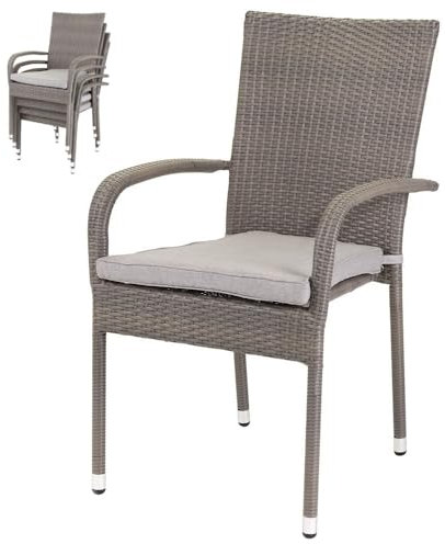 LOLAhome Silla de ratán Resistente con Cojín Impermeable | Apilables y con Brazos | De ratán Gris Taupe | para Exterior, balcón, terraza y jardín | Marlene