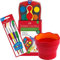 Faber-Castell - Kunststoff Wasserbecher Clic und Go, Lernmaterialien, rot + Pinsel Set + 12 Connector Farbkasten inkl. Deckweiß
