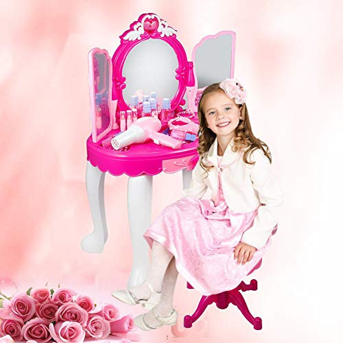 AYNEFY Barn toalettbord, barn flickor sminkbord barn flickor sminkbord glamorös prinsessa toalettbord med pall, hårtork, smink bordsleksak – rosa