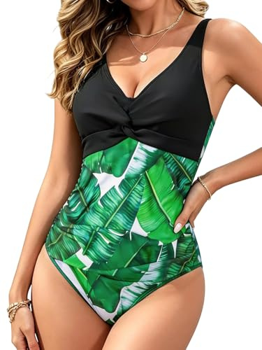 NLAND Bañador para Mujer en V Fruncido Traje de Baño de Una Pieza Monokinis Natacióncon Relleno Elegante para Mujer(Anverso y Reverso Impresos#2,M)