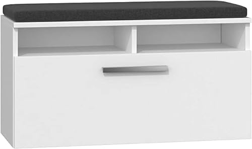 CDF Schuhschrank Riva | Farbe: weiß | Ideal für Diele, Flur, Büro | Schuhaufbewahrung | Bequemer Sitz (Kissen) | 6 Einlegeböden | Modern | Flügeltür