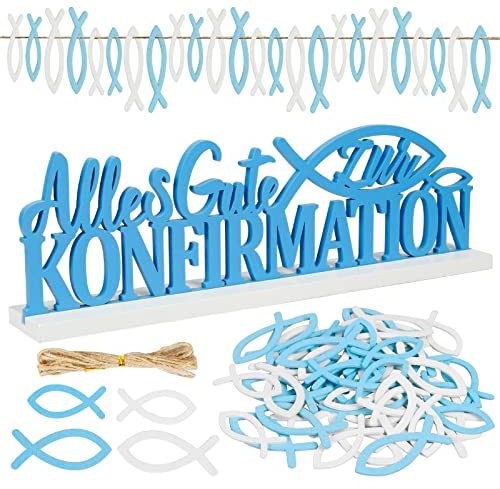 LAMEK 50 Stück Konfirmation Tischdeko Holz Schriftzug Alles Gute zur Konfirmation Aufsteller mit Holzfische Streudeko Blau Weiß Holzdeko für Junge Mädchen Konfirmation Kommunion
