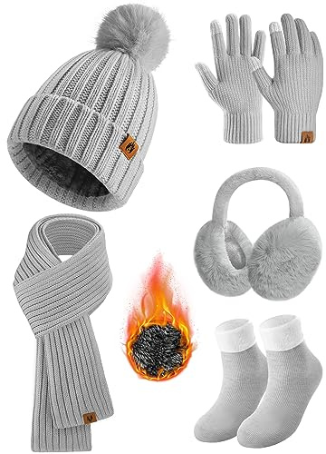 Yusongirl Winter Women Scarf Gloves Beanie Ear Muffs Socks Set Cold Weather Warm Knit Hat Fleece Long Neck Warmer 5 in 1 Set(Grey)